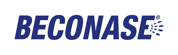 The Beconase Allergy Defence (120 sprays) logo features bold, blue BECONASE lettering on white, with blue spray droplet graphics by the final E—reflecting its function as a nasal spray for effective allergy relief.