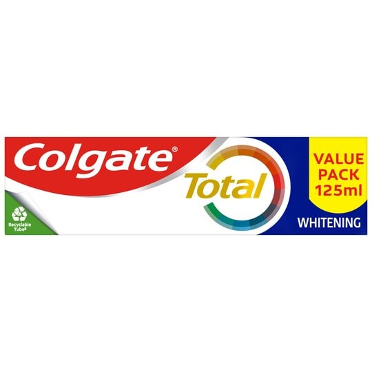 Colgate Total Advanced Toothpaste (125ml) provides comprehensive oral hygiene and comes in red and white packaging with a vibrant circular logo. The green icon indicates its recyclable nature, making it both effective and eco-friendly.