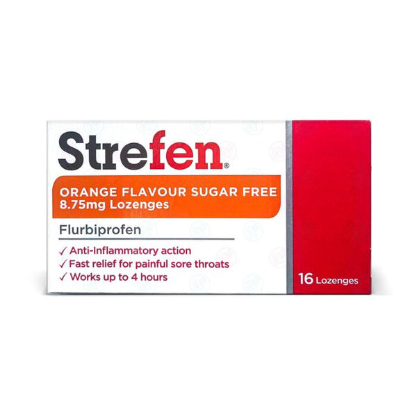Strefen Orange Flavour Sugar Free lozenges (16 count) with flurbiprofen provide anti-inflammatory sore throat relief and up to 4 hours of effectiveness.