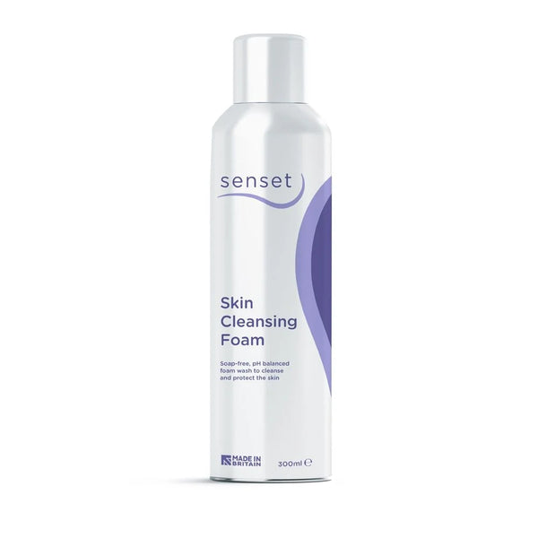 The SENSET Skin Cleansing Foam comes in a white cylindrical bottle featuring a purple design. This 300 ml, British-made product is ideal for sensitive skin with its soap-free, pH-balanced formula and emollients that gently cleanse and protect.