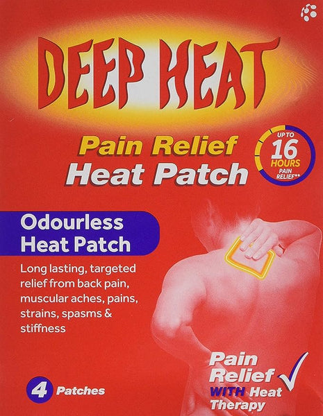 The red pack of Deep Heat Pain Relief Patch provides up to 16 hours of soothing, odourless heat therapy for aches, pains, strains, spasms, and stiffness. Includes an image showing patch application on the back. Contains 4 patches.