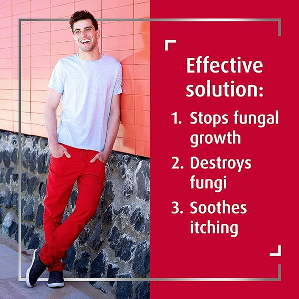 A man in a white shirt and red pants leans against a wall, smiling. Text beside him reads: Effective athletes foot treatment: 1. Stops fungal growth 2. Destroys fungi with Canesten Bifonazole Once Daily Athletes Foot Cream (20g) 3. Soothes itching, within a red border.