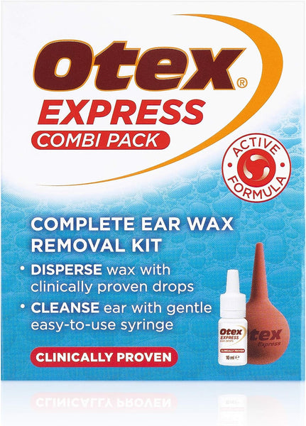 The image features Otex Express Combi Pack (10ML) packaging, offering a full ear wax treatment. It boasts an active formula with clinically proven results, including ear drops and a bulb syringe for effective use.