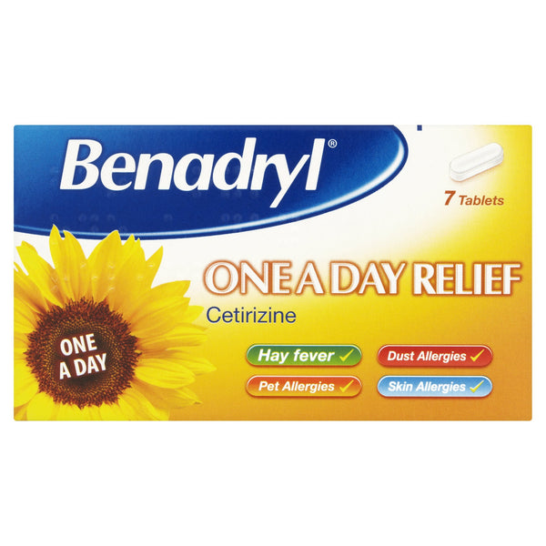 Benadryl Allergy One A Day provides 7 cetirizine tablets for hay fever relief, featuring a sunflower on the box, and is also effective for pet, dust, and skin allergies.