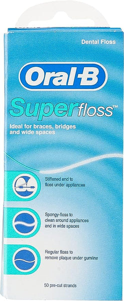 The image showcases a box of Oral B Super Floss, ideal for plaque removal with braces and bridges. The package features its spongy-floss texture, stiffened end, and regular floss capabilities, including 50 convenient pre-cut strands.