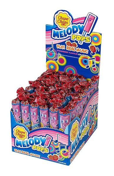 Chupa Chups Melody Pops (48 Pack) offers strawberry-flavored musical candies wrapped in vibrant red packaging adorned with playful music and note designs. The colorful box, featuring a smiling character and musical notes, promises a delightful candy experience.