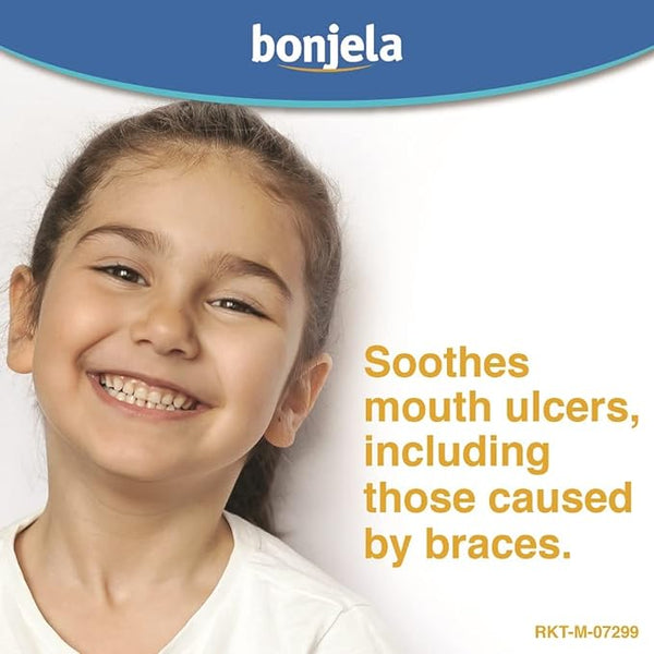 A smiling child with braces is on the left, and on the right, it says, Bonjela Junior Gel (15g) soothes mouth ulcers with effective pain relief, including those from braces. The Bonjela logo is at the top.