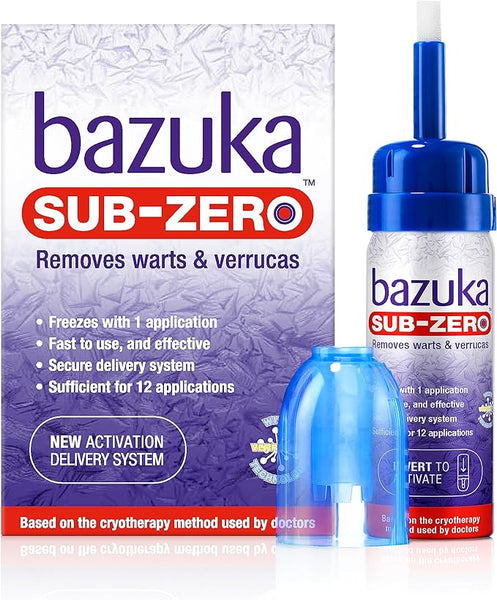 Bazuka Sub Zero Warts & Verruca - 12 Applications (50ml) packaging is displayed beside the device, with the blue cap nearby. The box highlights Freezes with 1 application and Sufficient for 12 applications for effective wart removal.