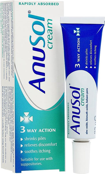 Anusol Cream (23g) by Anusol is a soothing treatment for haemorrhoids, effective in shrinking piles, relieving discomfort, and soothing itching. It features 3 way action and is rapidly absorbed, suitable for anal conditions or with suppositories.