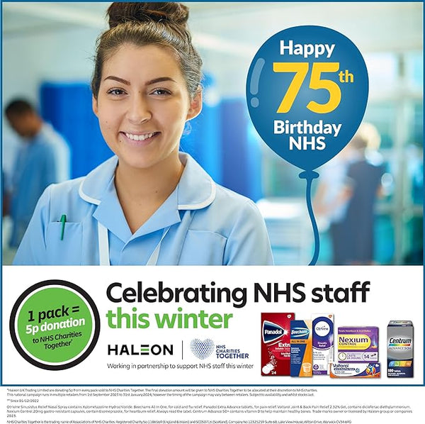 A nurse in uniform holds a Happy 75th Birthday NHS blue balloon amid a hospital scene. Below, text encourages support for NHS staff via a winter campaign, showcasing Otrivine Adult Sinusitis Spray (10ml) and donation details.