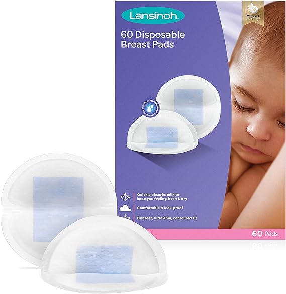 The Care Lansinoh Disposable Breast Pads (60) packaging features a peaceful baby image and two pads in front of the box. Ideal for breastfeeding moms, these pads offer ultra-absorbent core, breathable comfort, leak-proof protection, and a discreet fit.