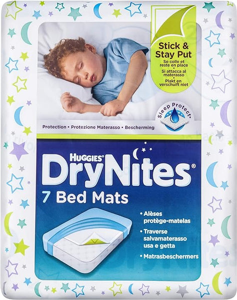 The Huggies DryNites Bed 7 Mats packaging features a sleeping child and highlights Stick & Stay Put and Sleep Protection, with a stars and moons design to assure overnight protection.