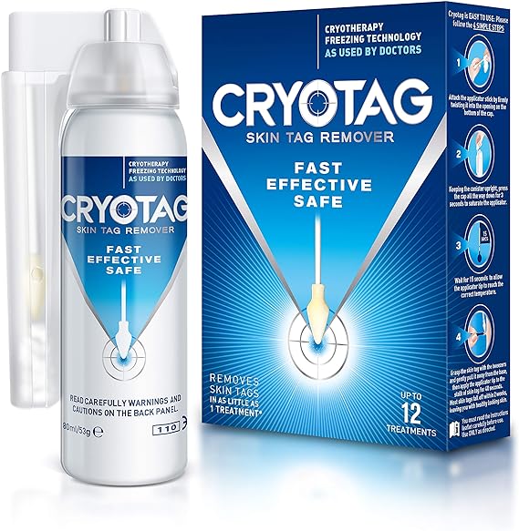 The image features Cryotag Skin Tag Remover (80ml) and its package, emphasizing its fast, effective, safe cryotherapy technology for removing up to 12 skin tags. Instructions and warnings on the back ensure careful use.