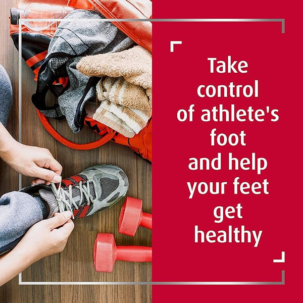 A person ties shoelaces on gray sneakers beside a red dumbbell and towels. Text: Combat athletes foot with Canesten Bifonazole Once Daily Cream (20g) for healthier feet.