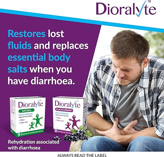 A man on the grass, clutching his stomach in pain, is paired with text: Restores lost fluids and replaces essential body salts during acute diarrhea. Two Dioralyte boxes, labeled Natural and Blackcurrant flavor, display their effective electrolyte powder formula.