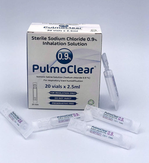 A box and vials of TriOn Pharmas Pulmoclear Sterile Isotonic 0.9% Sodium Chloride (20 x 2.5ml) are neatly displayed and clearly marked for inhalation therapy use only.