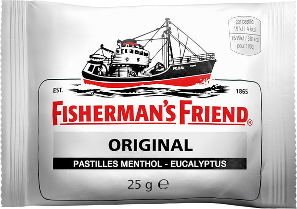 Fishermans Friend Original Menthol Lozenges 25g (24 Packs) feature bold text and a fishing boat on classic white packaging. Known for cold relief, these lozenges are from the trusted Fishermans Friend brand.