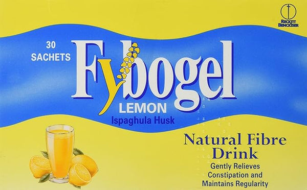 The image showcases Fybogel Lemon - Natural Fibre Drink (30 Sachets), featuring the ispaghula husk for gentle constipation relief and regularity. The packaging displays a glass of the drink and fresh lemons, highlighting its natural ingredients.