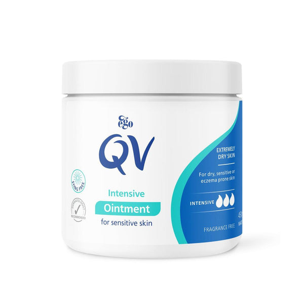 The Ego QV Intensive Ointment (450g) comes in a white jar with blue and teal accents, showcasing its fragrance-free formula designed for eczema-prone and extremely dry sensitive skin.