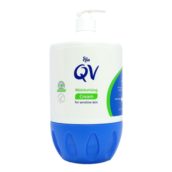 A white and blue bottle of Egos QV Cream (1kg) with a pump dispenser is designed for sensitive, dry skin. It highlights the brand logo and emphasizes its deep moisturizing benefits on the label.