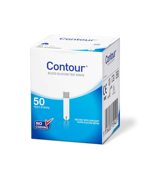 A box of Contour Test Strips (50) features precise blood glucose monitoring with No Coding highlighted and an image of a single strip on the front, along with various symbols and a barcode on the side.