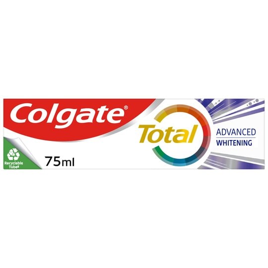 A 75ml Colgate Total Advanced Whitening Toothpaste box features a red and white design with a multicolored circular logo, highlighting Recyclable Tube and cavity-fighting fluoride for complete oral care.