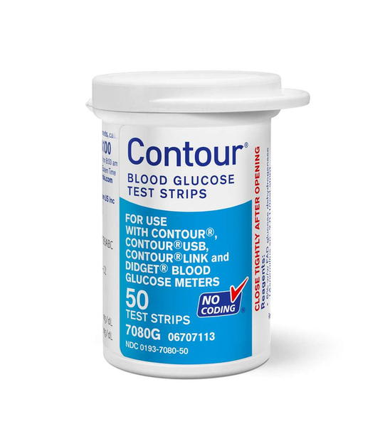 The Contour Test Strips (50) are designed for easy glucose monitoring with specific Contour meters. The white package with blue and red text features a No Coding label, simplifying tracking of blood glucose levels.