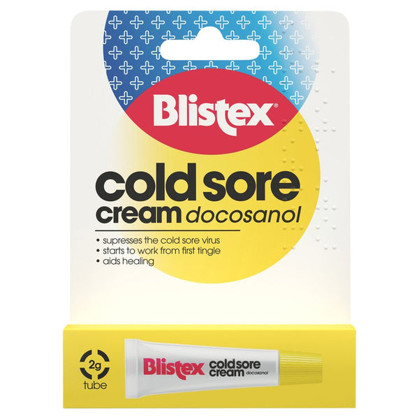 Blistex Cold Sore Cream (2g) features packaging with a white and yellow background and blue crosses. It promotes benefits: virus suppression, immediate action from first tingle, and supports healing. A 2g tube stands out on the packaging.