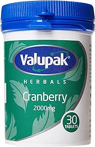 Valupak Cranberry 2000mg (30), a plastic container features a blue lid and green label with leaf designs, ideal for heart health in your daily wellness routine.