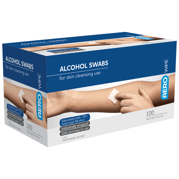 Aero Alcohol Swabs For Cleansing Use by Aero come in a box of 100 sterile, individually wrapped 3cm x 3cm swabs. The packaging shows swab use on a forearm and highlights 70% isopropyl alcohol for effective skin cleansing.