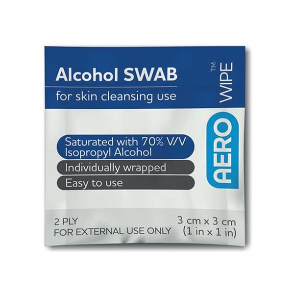 Aero Alcohol Swabs For Cleansing Use, 3cm x 3cm, are sterile, 2-ply and individually wrapped with 70% isopropyl alcohol for external use only. Box contains 100 swabs. Brand: Aero.
