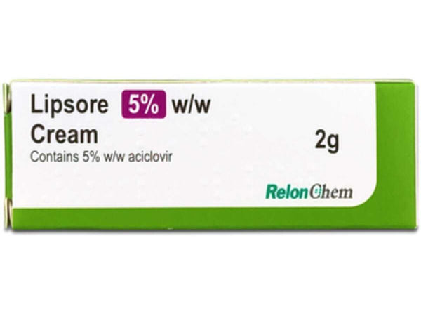A green and white box labeled Lipsore (2g) | Fast Relief for Cold Sores contains a 5% active ingredient aciclovir for cold sore relief, with the Zovirax brand name displayed in the bottom right corner.