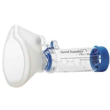 The AeroChamber Blue Large Mask Flo Vu by AeroChamber, featuring a soft translucent mask and blue valve, is an effective respiratory aid that optimizes inhaler medication delivery to the lungs.