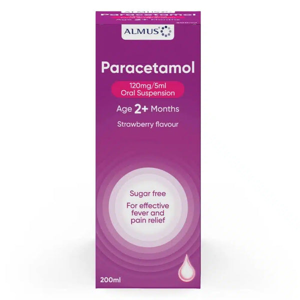 A purple box of Paracetamol Oral Suspension 120mg/5ml (Brand May Vary), strawberry flavor, suitable for children aged 2 months and over. The packaging indicates it is sugar free and provides effective relief from fever and pain.