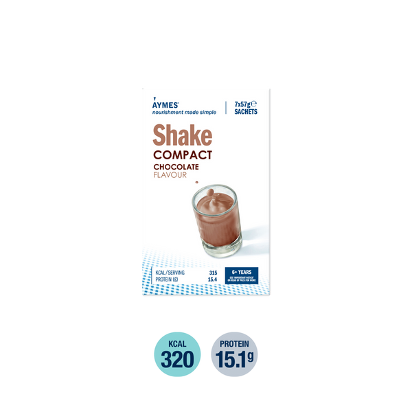 The Aymes Shake Chocolate Pack of 7 (57g) is a nutritionally balanced supplement in chocolate flavor, featuring a glass of chocolate shake on the packaging. Each serving provides 315 kcal, suitable for ages 6 and up to help address disease-related malnutrition.