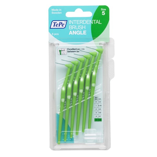 The TePe Angle Green Interdental Brushes, size 5 and expertly designed for plaque removal, come in a pack of 25. The clear packaging displays the green and white label stating they are made in Sweden, ideal for those seeking expert dental advice.