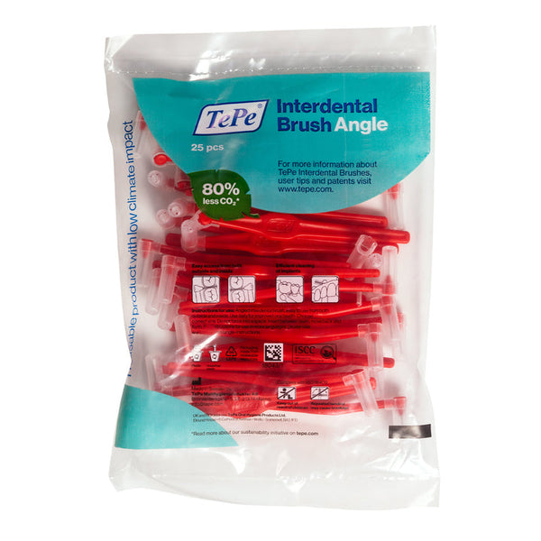 The clear pack of 25 red-handled TePe Angle Interdental Brushes (0.5 mm) features blue and white packaging with the TePe logo and product name. Designed by dental experts, it highlights an 80% lower CO2 impact, making it ideal for effective plaque removal.