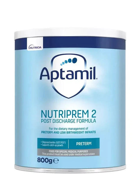 Aptamil Nutriprem 2 800g Post Discharge Formula, featuring blue and white packaging, is specially formulated to support catch-up growth in preterm and low birthweight infants.