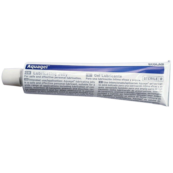 An 82g tube of Ecolab Aquagel Lubricating Jelly, featuring blue and white labeling with English and Spanish text, is shown on a white background.