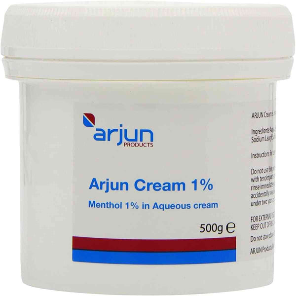 The Arjun Menthol Aqueous Cream 1% comes in a white plastic tub with a red and blue design. This 500g skincare essential and moisturizer contains Menthol 1%, with usage instructions and ingredients labeled on one side.