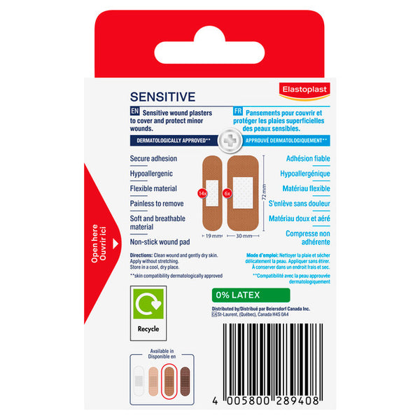 The image shows the back of an Elastoplast Sensitive Hypoallergenic Plasters (20) package, highlighting wound protection for sensitive skin with hypoallergenic, latex-free material. It offers a flexible design for pain-free removal and a breathable texture, with instructions and multilingual text visible.