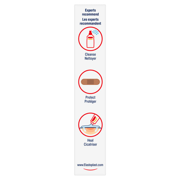 The Elastoplast Sensitive Hypoallergenic Plasters packaging features white strips with red icons illustrating wound care steps: Cleanse/Nettoyer (bottle), Protect/Protéger (plaster), and Heal/Cicatriser (cream). Ideal for sensitive skin. Visit www.Elastoplast.com.