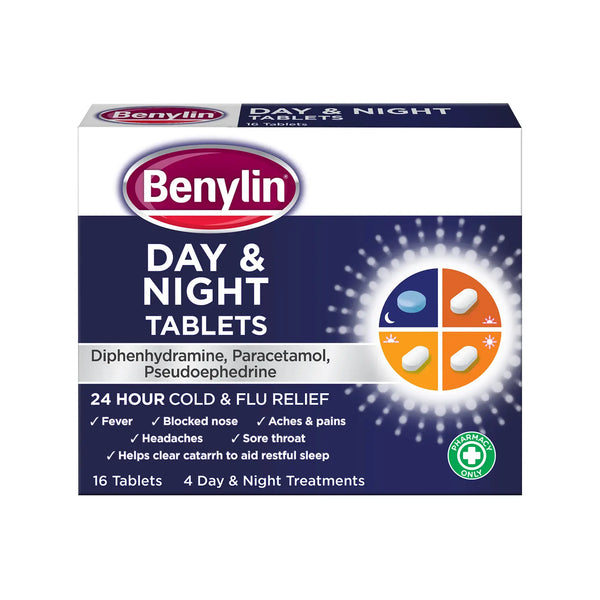 A box of Benylin Day And Night Cold And Flu Relief (16 Tablets) from Benylin, featuring icons for day and night use and highlighting congestion relief on the front.