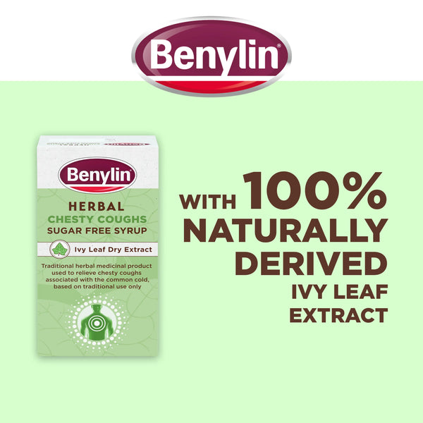 Benylin Herbal Chesty Coughs Sugar Free Syrup (100ml) features “100% naturally derived ivy leaf extract,” highlighting the product’s natural, sugar free formulation from Benylin.