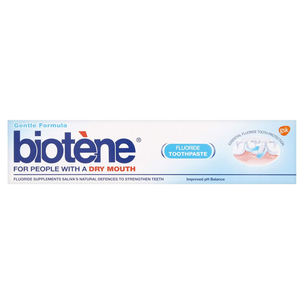 Image of Biotene Dry Mouth Toothpaste - Fresh Mint (100ml). The mostly white packaging includes blue text featuring Gentle Formula with Fluoride Toothpaste. Its designed for sensitive mouths and displays a tooth graphic wrapped in a protective swirl.