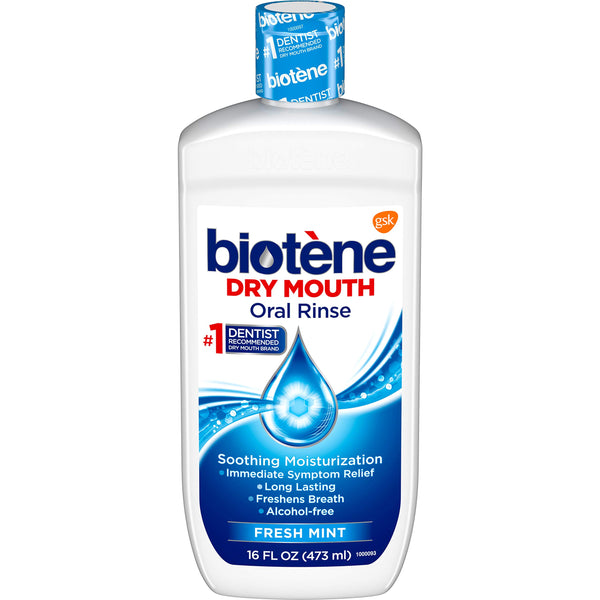 A bottle of Biotene Dry Mouth Oral Rinse provides soothing hydration and immediate relief from dry mouth. This alcohol-free Fresh Mint mouthwash offers long-lasting freshness with 500 ml to keep your breath fresh and comfortable.