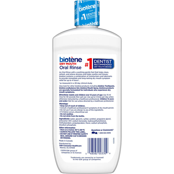 Image of a 500 ml white bottle of Biotene Dry Mouth Oral Rinse Mouthwash, featuring a soothing gentle mint flavor. This dentist-recommended product is ideal for dry mouth relief, with instructions and usage details provided on the label.