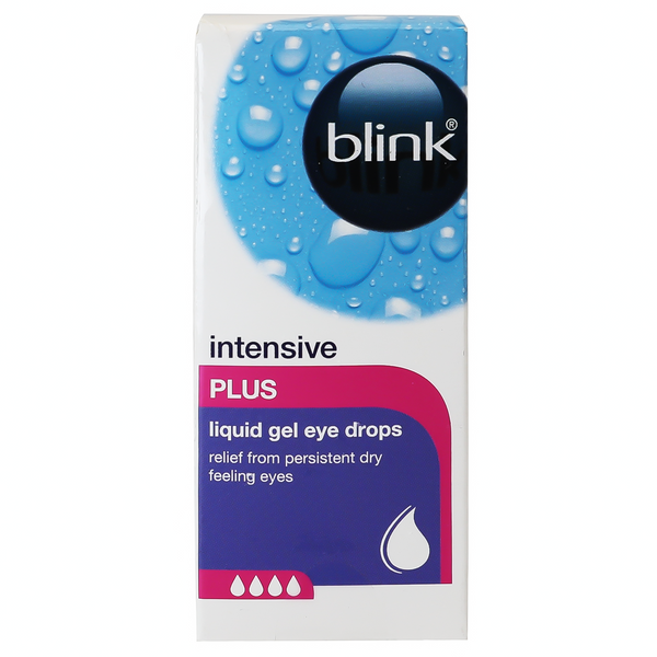 The image displays a box of Blink Intensive Plus Eyedrops (10ml) by Blink, crafted to boost tear film stability. The white box has blue water droplets and purple accents, signaling relief for persistent dry eyes, and is compatible with contact lenses for all-day comfort.