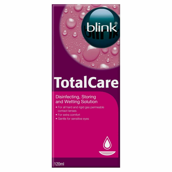 Image of a Blink Totalcare Lens Solution (120ml) box by Total Care, featuring water droplets on a purple and pink background. It highlights disinfecting and storing capabilities for soft and hard contact lenses, ideal for sensitive eyes.