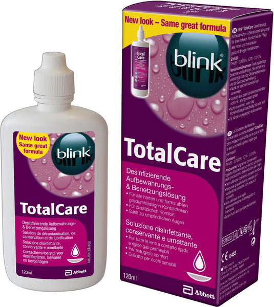 The Blink Totalcare Lens Solution (120ml) by Total Care offers disinfecting and storage for hard and gas permeable lenses. It comes in a purple box with water droplet graphics and features white and yellow text in multiple languages.